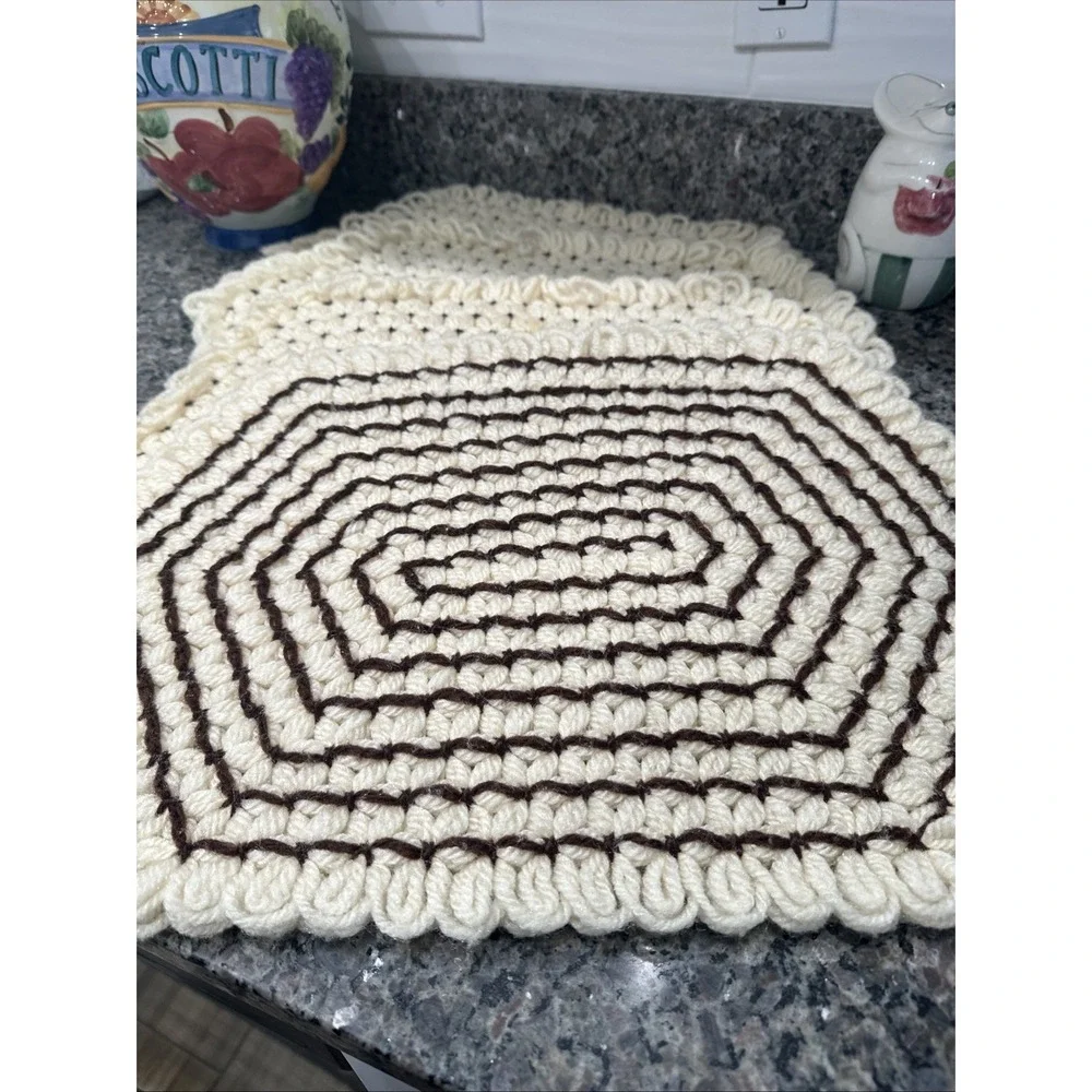 Vintage Placemats yarn crochet kitchen(4 total) Brown and Beige handmade Thick
